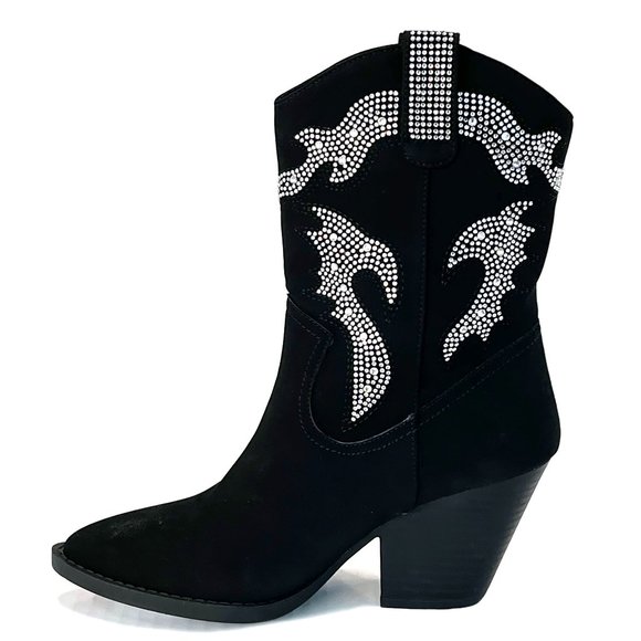 New Womens Black Rhinestone Blingy Western Cowboy Ankle Boots Booties - Picture 4 of 7
